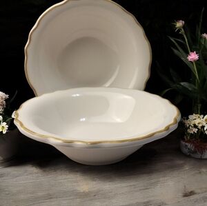 2 Homer Laughlin Restaurant Ware Coupe Cereal Bowls 6 3/8" Scalloped Gold Band